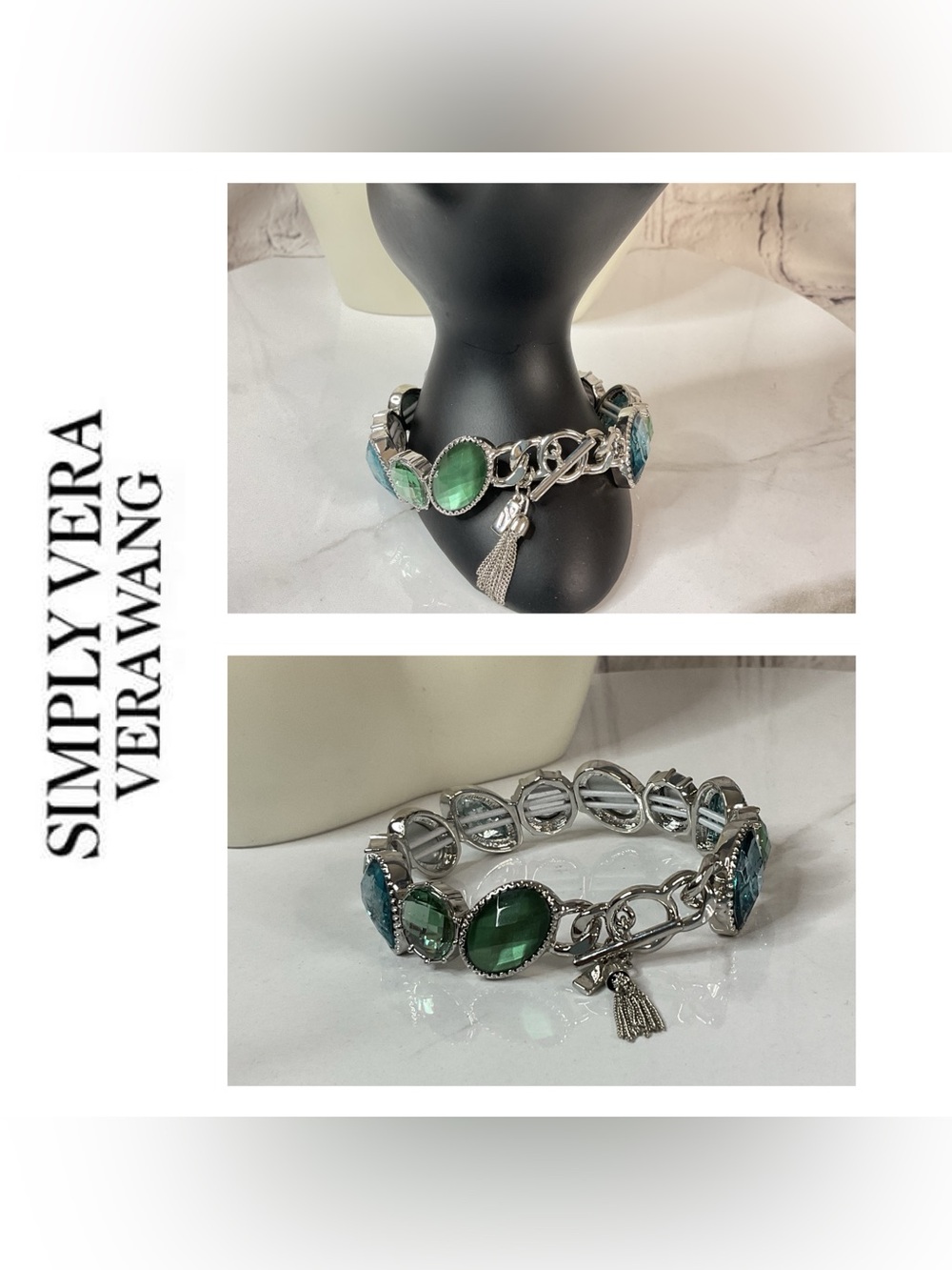 🌟🌟 Simply Vera Vera Wang Green and Teal Crystal Link Bracelet with Tassel Charm